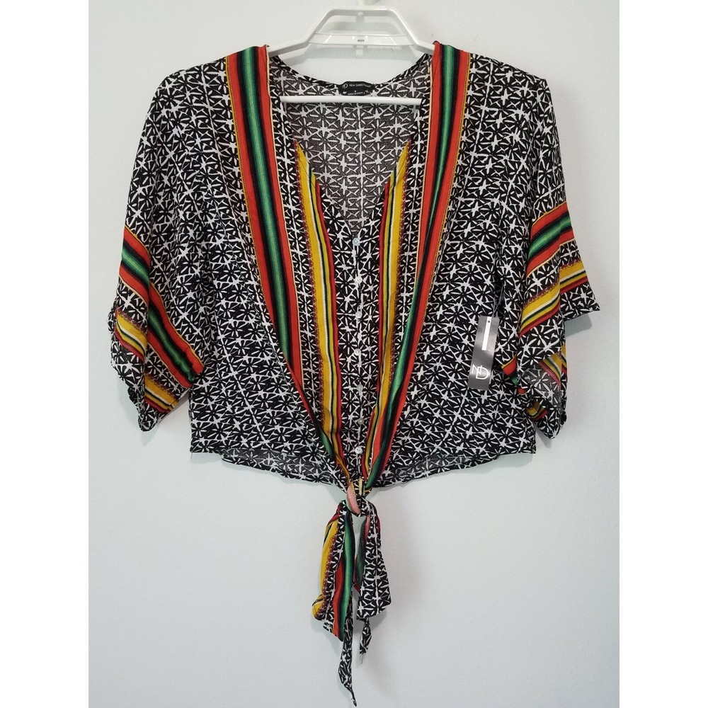 New Directions Womens Top Small Multi-Color Print Short Sleeve Tie Front NWT